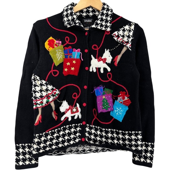 Designers Originals Studio Sweaters - 90s Designers Originals Studio Joy Scottie Dog Christmas Cardigan Houndstooth S